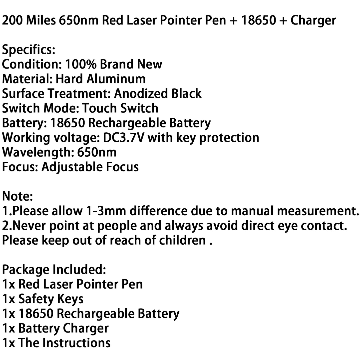 200 Miles 650nm Red Laser Pointer Pen Visible Beam Light Lazer + 18650 + Charger