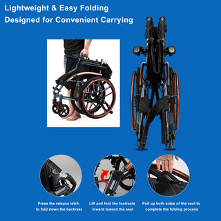 Easy-to-Fold Adjustable Footrests and Eco-Friendly Oxford Fabric Seat – Lightweight Hand-Push Aluminum Alloy Frame Wheelchair with Magnesium Alloy Wheels and Comfortable for Travel