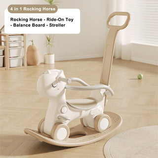 Push Rod 80 lbs Weight Capacity with Sound Brown Guardrails & 4 Smooth Wheels HDPE Material 4-in-1 Baby Rocking Horse for Toddlers 1-3 Years – Ride-On Toy with Detachable Balance Board
