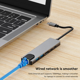 6 in 1 TYPE-C to HDMI+USB3.0+2.0+RJ45 100M+PD+Data Interface Hub for MacBook