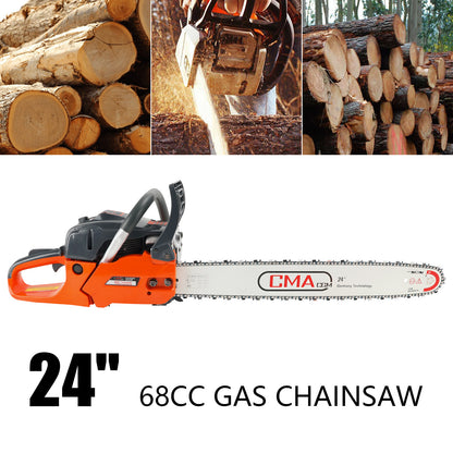 24" 68CC Gasoline Chainsaw Cutting Wood Gas Sawing Aluminum Crankcase Chain Saw