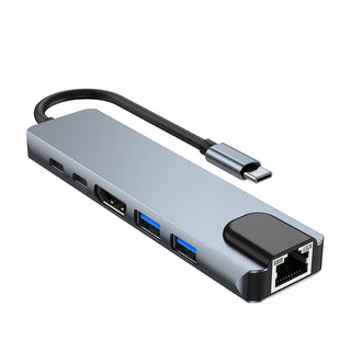6 in 1 TYPE-C to HDMI+USB3.0+2.0+RJ45 100M+PD+Data Interface Hub for MacBook