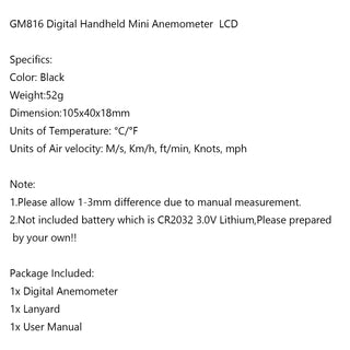 GM816 Digital Handheld Anemometer Wind Speed Meter Thermometer Sailing LCD