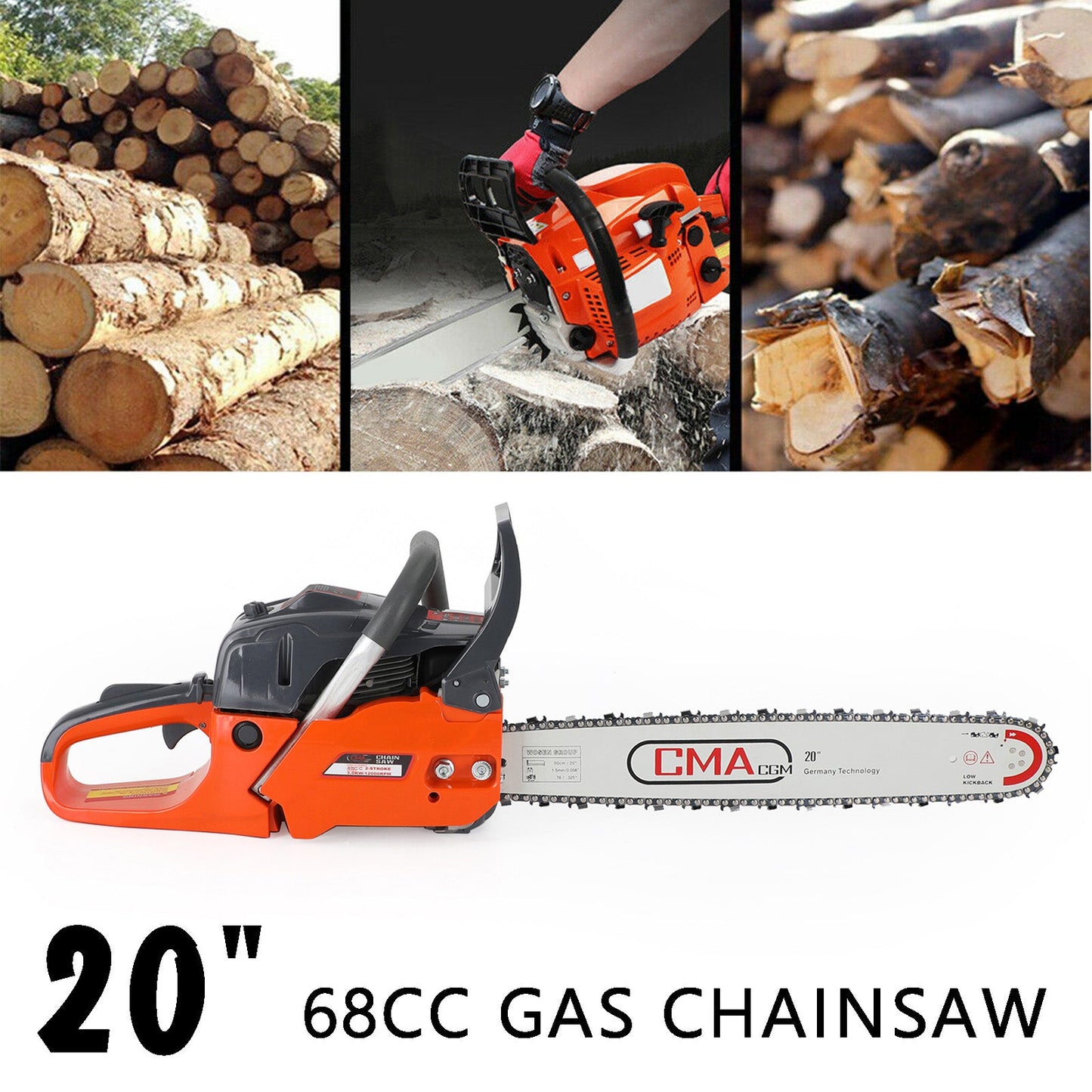 20 in. 68CC Gasoline Chainsaw Cutting Wood Gas Sawing Aluminum Crankcase Chain Saw