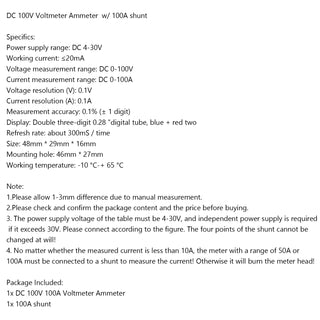 DC 100A 100V Digital Amp Volt Meter Voltmeter Ammeter Blue Red LED Current Shunt