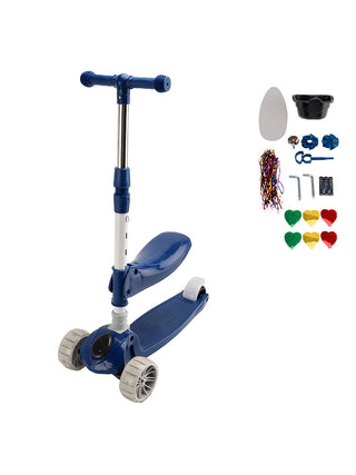 2-in-1 Kids Scooter with Foldable Seat & LED Light-Up Wheels – Adjustable 3-Wheel Ride-On (Blue)