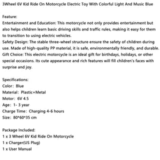 3Wheel 6V Kid Ride On Motorcycle Electric Toy With Colorful Light And Music Blue