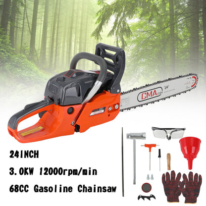 Wal 24" 68CC Gasoline Chainsaw Cutting Wood GasChain Saw