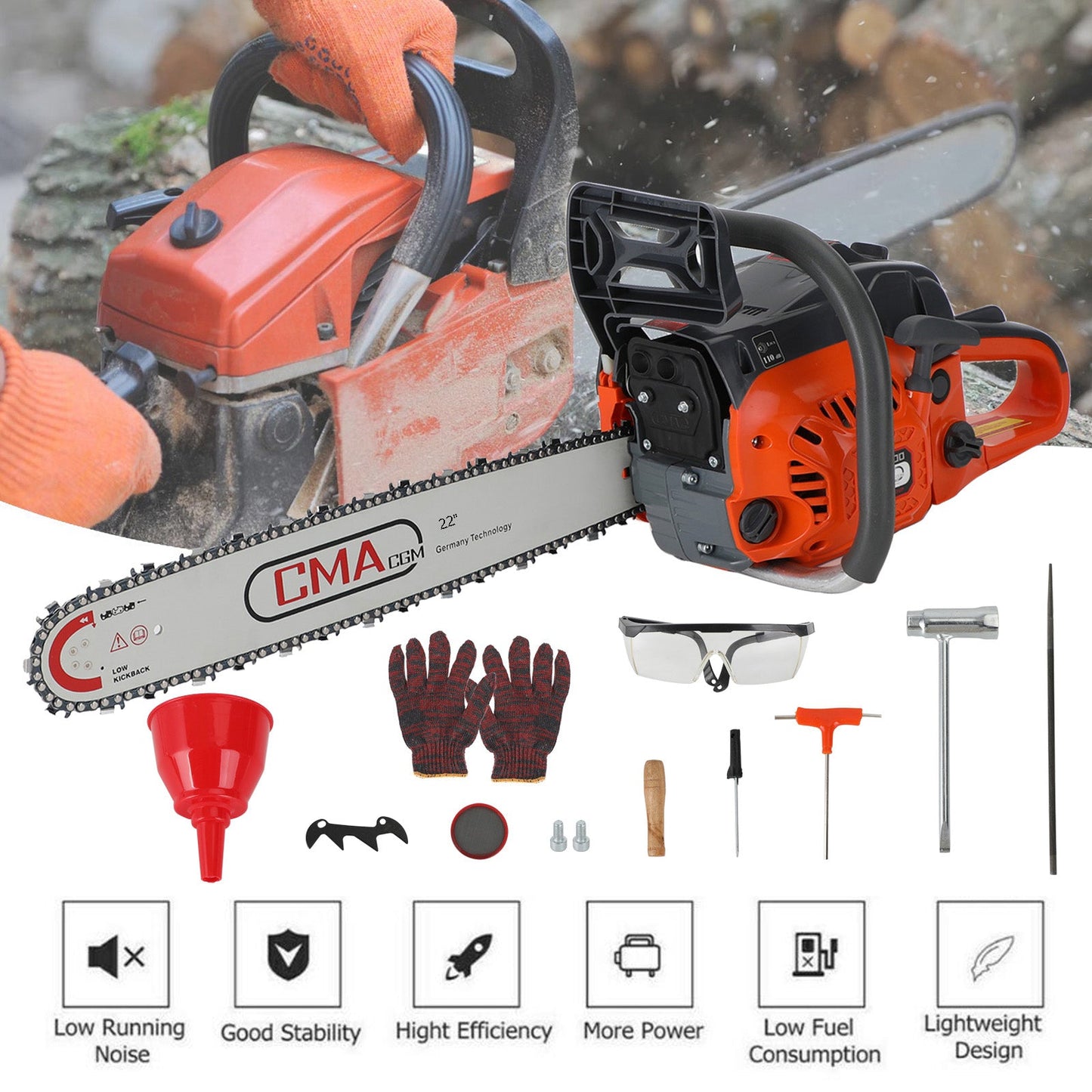 22 inches 68CC Gasoline Chainsaw Cutting Wood Gas Sawing Aluminum Crankcase Chain Saw