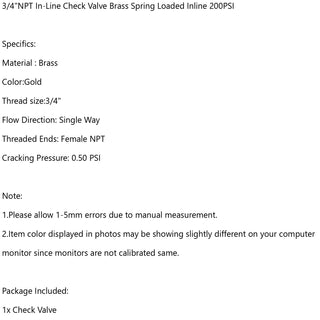 DN20 3/4" NPT In-Line Check Valve Brass Spring Loaded Inline 200PSI