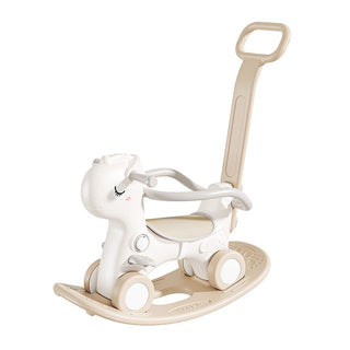 Push Rod 80 lbs Weight Capacity with Sound Brown Guardrails & 4 Smooth Wheels HDPE Material 4-in-1 Baby Rocking Horse for Toddlers 1-3 Years – Ride-On Toy with Detachable Balance Board