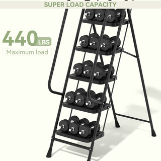 330 lbs Capacity Heavy Duty Steel Step Stool Folding Portable Safety Ladder for Home Kitchen Office 26" x 38" Wide Non-Slip Pedal Black 5-Step Ladder with Handrail & Tool Tray