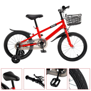 16 inch Children Bicycle w/ Training Wheels Basket Kickstand Red