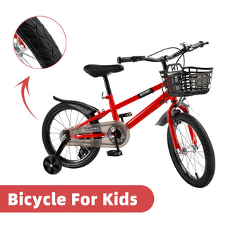 16 inch Children Bicycle w/ Training Wheels Basket Kickstand Red