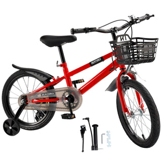16 inch Children Bicycle w/ Training Wheels Basket Kickstand Red