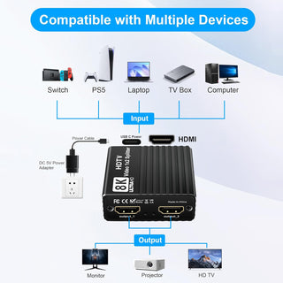 8K HDMI 1 to 2 Splitter HD2.1 8K60hz/4K120/1080P240hz EDID Mirroring Two Screens