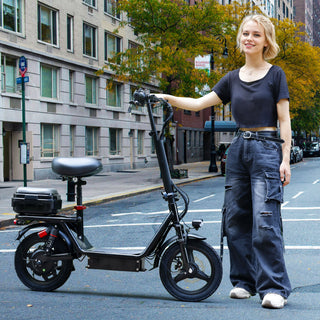500W Adult Shock Absorption Electric Scooter with Seat 14" Commuter Electric Scooter With Carry Basket - Up to 30 Miles 20MPH