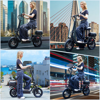500W Adult Shock Absorption Electric Scooter with Seat 14" Commuter Electric Scooter With Carry Basket - Up to 30 Miles 20MPH
