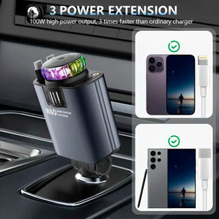 120W Super Fast Car Charger Retractable Cable Ambient Light Smart Air Freshener