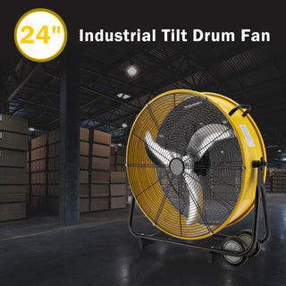 24 Inch Industrial Tilt Drum Fan 3 Velocity Speed 360° Adjustable Floor Fan