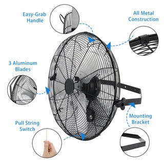20 Inch Industrial Wall Mount Fan Metal 3 Speed Ventilation Shop Fan