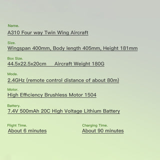 Wltoys XK A310 2.4G 4CH RC Fixed-Wing Aircraft Model 3D/6G Realistic Plane Green