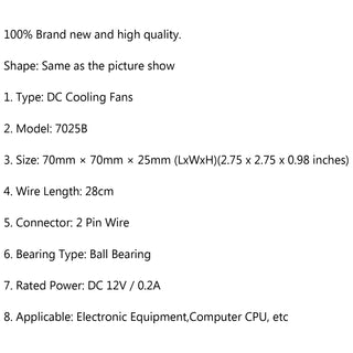 1PC 12V 0.2A Cooling Computer Fan Ball Bearing 70×25mm DC Brushless 2 Pin