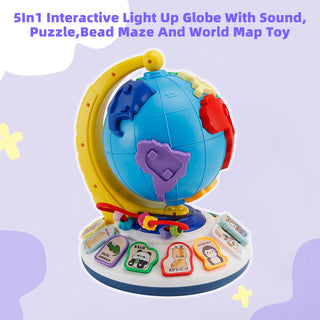 5In1 Interactive Light Up Globe With Sound,Puzzle,Bead Maze And World Map Toy
