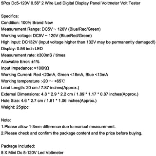 5Pcs Dc5-120V 0.56" 2 Wire Led Digital Display Panel Voltmeter Volt Tester