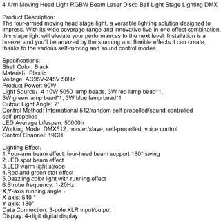 4 Arm Moving Head Light RGBW Beam Laser Disco Ball Light Stage Lighting DMX