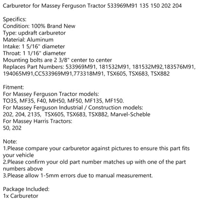 533969M91 Carburetor For Massey Ferguson To35 35 40 50 F40 50 135 450 202 204 Generic