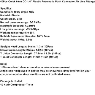 40Pcs Quick 6mm OD Plastic Pneumatic Push Connector Air Line Fittings