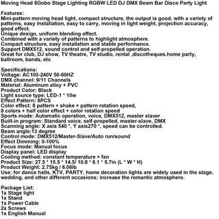 LED Party Light Moving Head 8Gobo Stage Lighting  DJ DMX Beam Bar Disco