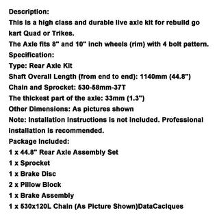 Various ATV Quad Go Kart Rear Live Axle Kit Sprocket Brake Wheel