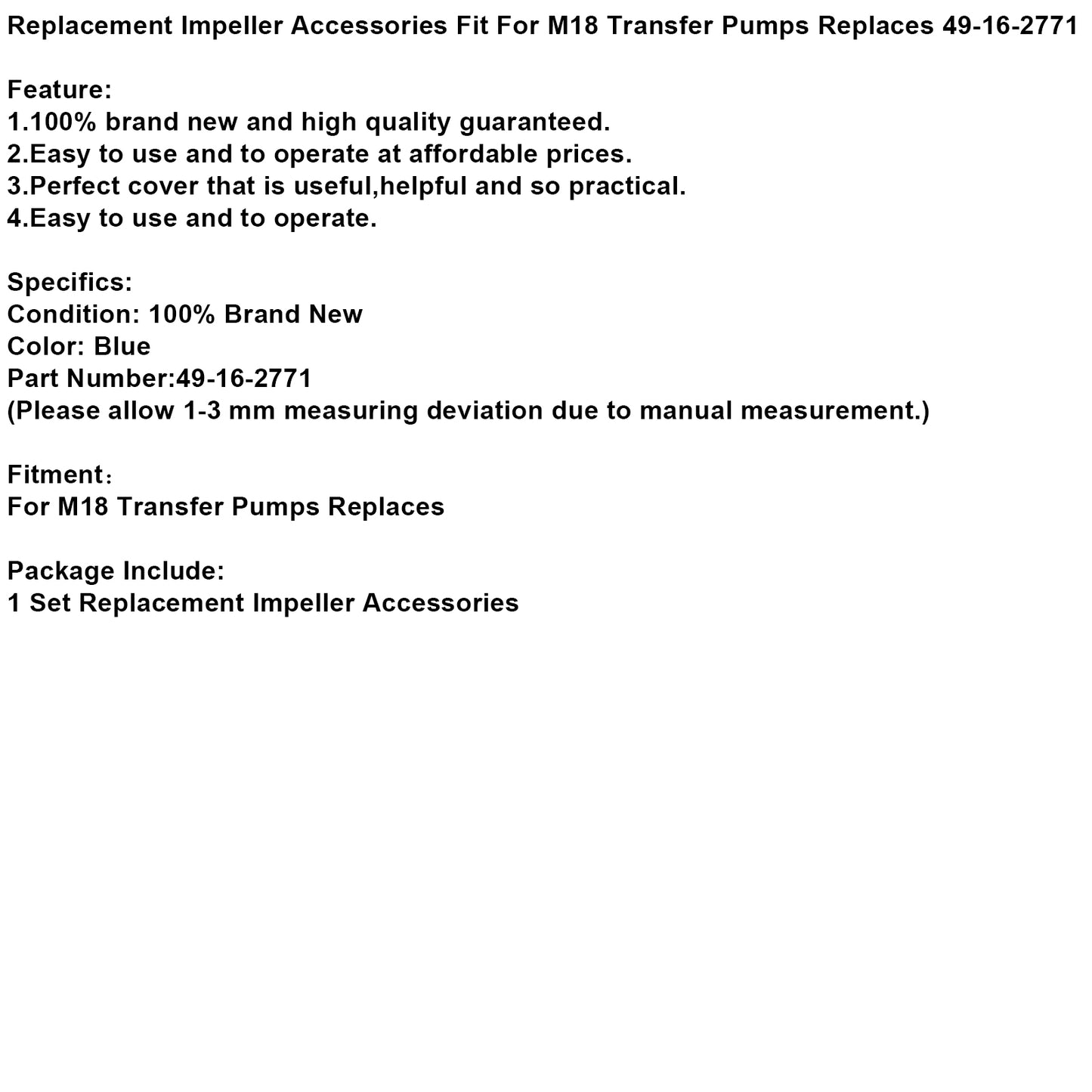 Replacement Impeller Accessories Fit For M18 Transfer Pumps Replaces 49-16-2771