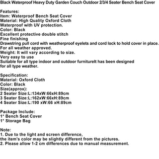 Black Waterproof Heavy Duty Garden Couch Outdoor 2/3/4 Seater Bench Seat Cover