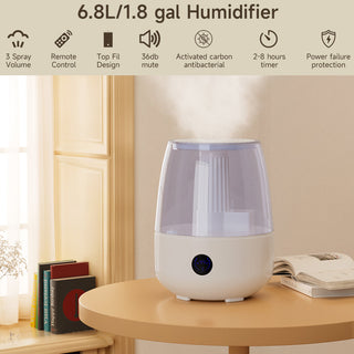 6.8L Cool Mist Humidifier & Diffuser with Remote - Top Fill for Bedroom, Plants & Baby