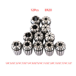 12Pcs ER20 Spring Collet 1/8"-1/2" For CNC Milling Lathe Tool Workholding