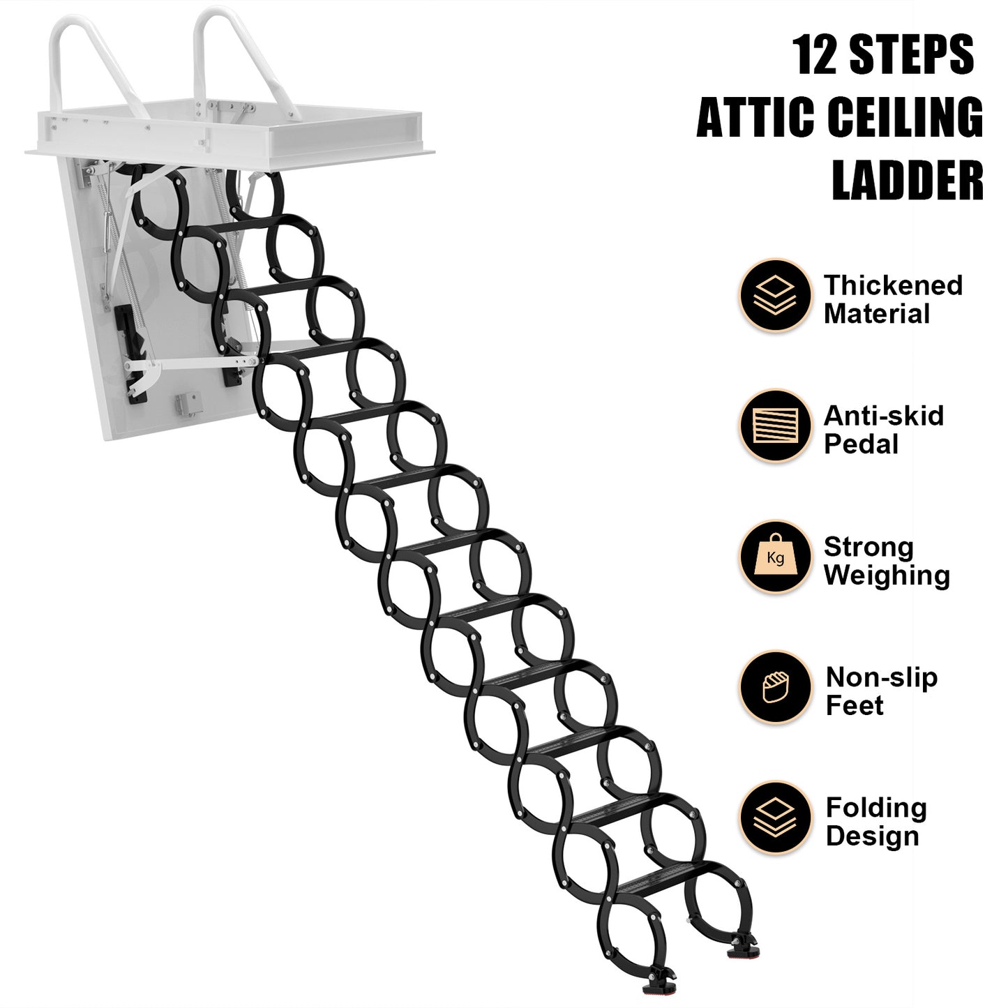 12 Steps Black loft wall ladder stairs and Pull Rod,Loft Wall Folding Pulldown Attic Ceiling Ladder Stairs 39.4 * 27.6"