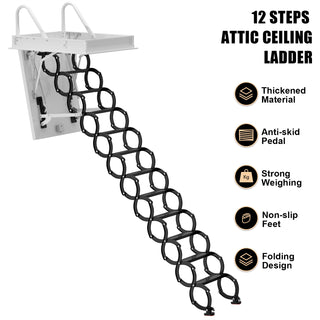 12 Steps Black loft wall ladder stairs and Pull Rod,Loft Wall Folding Pulldown Attic Ceiling Ladder Stairs 39.4 * 27.6