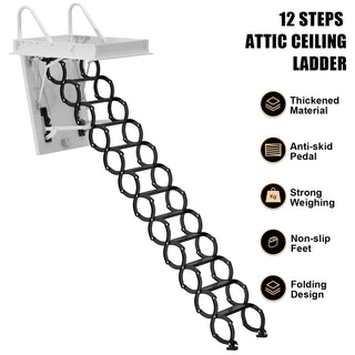 ITopteng 9.8FT 12 Steps Retractable Loft Ladder Ceiling Mounted Alloy Folding Ladder with Pull Rod 660LB