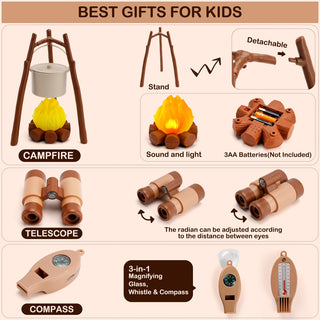 Binoculars Cooking Tools Kids Camping Set with Tent Indoor and Outdoor Gift for Boys Girls 34Pcs Camping Pretend Play Set with Light-Up Campfire Grill
