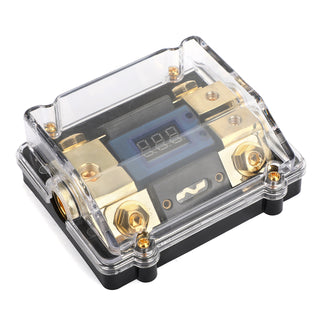 Splitter LED Display 1x0 IN 2x4GA OUT Distribution Block Fuse Holder Heat resistant plastic housing Clear Cover Nickel Plated for Car Audio Marine