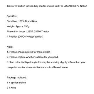Tractor 4Position Ignition Key Starter Switch Suit For Lucas 35670 128SA