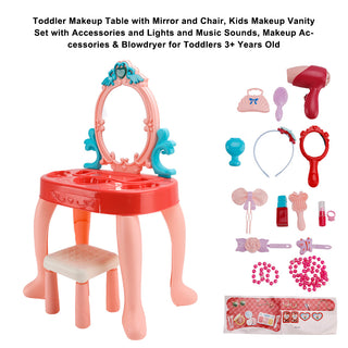 Toddler Makeup Table with Mirror and Chair Kids Vanity Set with Blowdryer for 3+