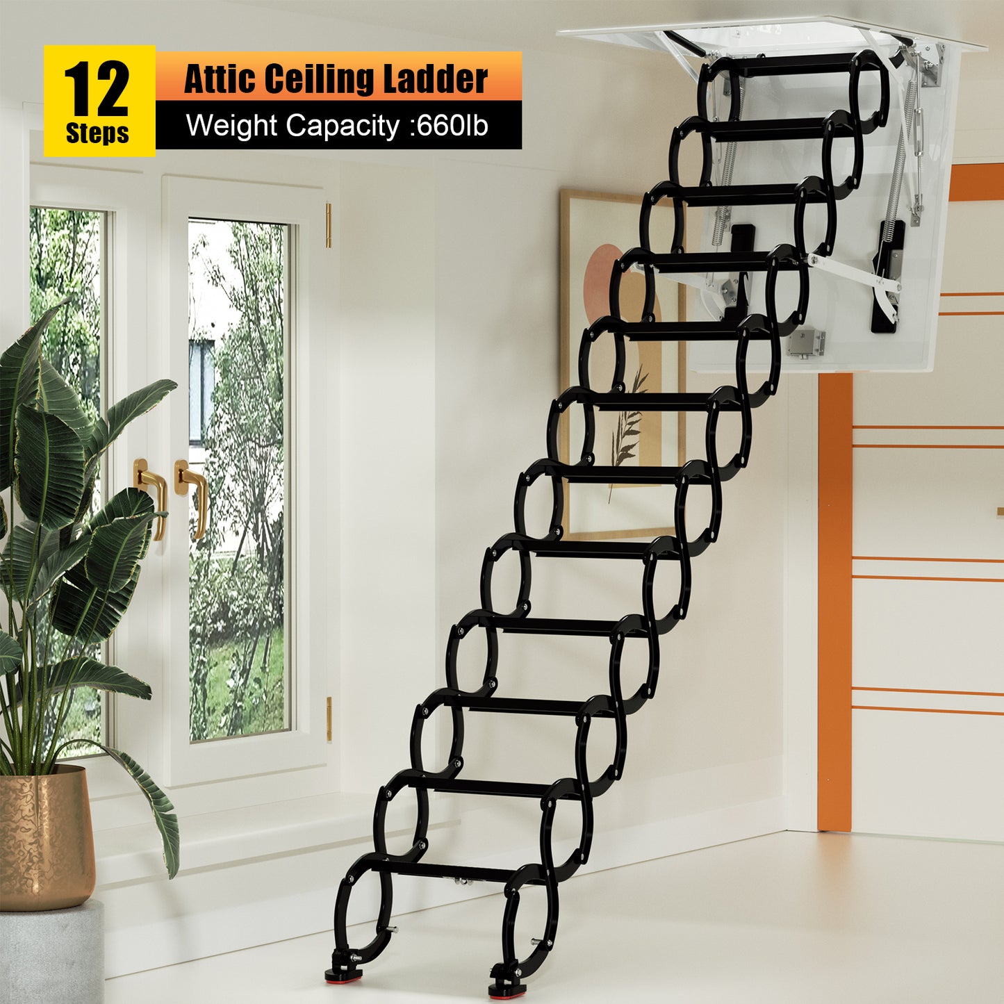 12 Steps Black loft wall ladder stairs and Pull Rod,Loft Wall Folding Pulldown Attic Ceiling Ladder Stairs 39.4 * 27.6"