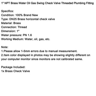 1" Female Thread Brass Horizontal DN25 One-Way Non-Return Swing Check Valve
