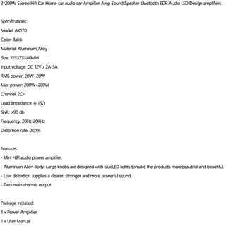 2*200W Hi-Fi Auto Stereo 12V Car Audio Amplifier MP3 Radio Booster LED Design