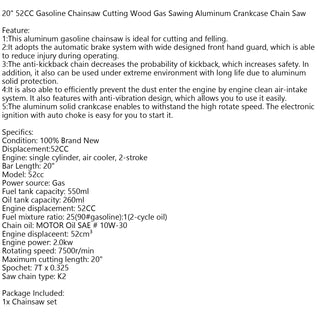 Topteng 52cc Chainsaw 20" Bar Powered Engine 2 Cycle Gasoline Chain Saw
