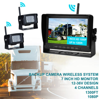 7" Wireless AHD 1080P Display 2CH Rear View Backup Camera Kit for Truck Trailer